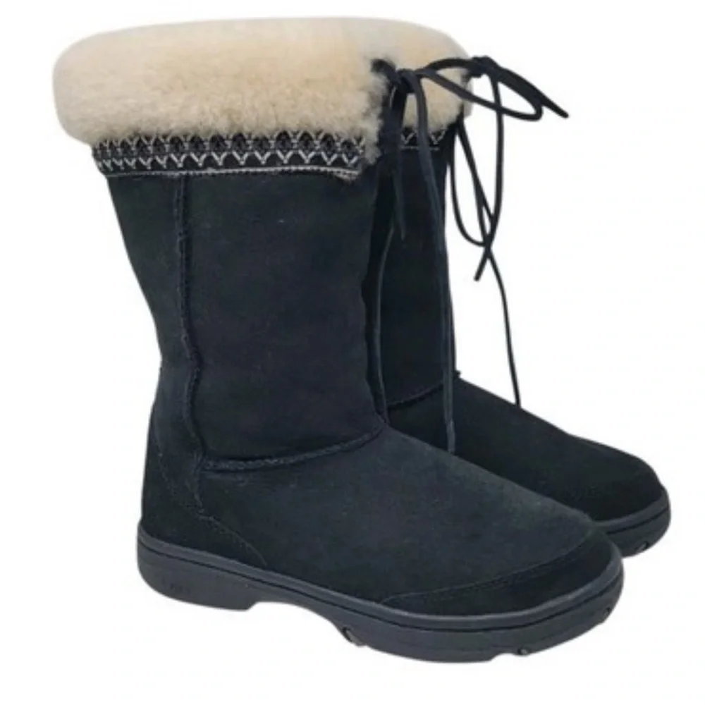 UGG Ultimate Cuff Leather‎ Shearling Winter Snow Boots Black Women Size 8